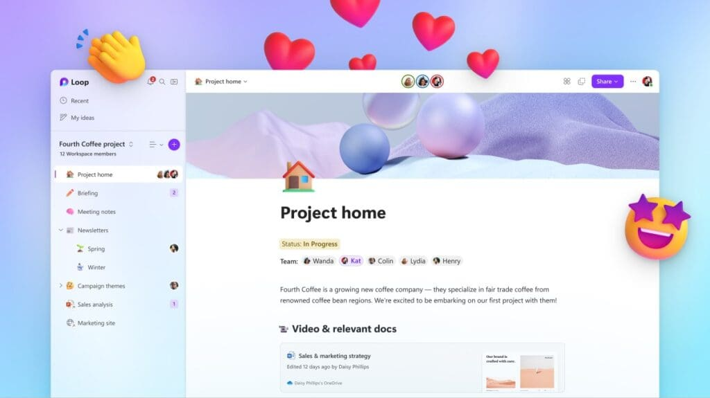 Microsoft Loop med projektside og arbejdsområde