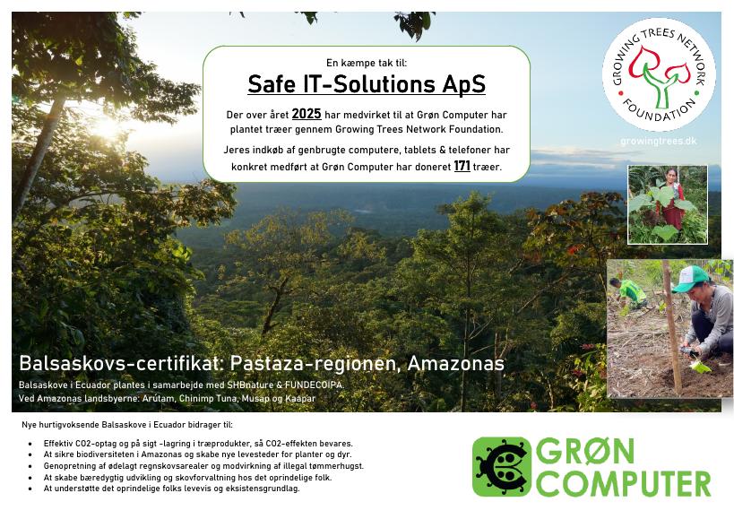 Certifikat for donation af træer ved Grøn Computer 2025